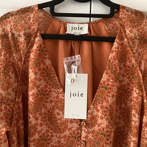 Joie 100% Silk Bree Mini Dress in Orange Caramel Multi Long Sleeve Self Belt - Picture 6 of 16